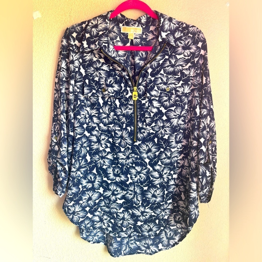 Michael Lots Kors Navy White Tropical Hibiscus Floral 1/2 Zip Blouse M